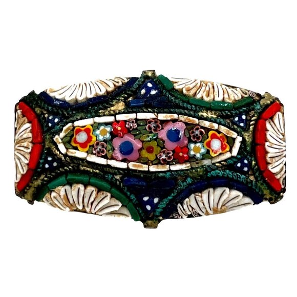 Antique Italian Glass Micro Mosaic Floral Brooch 1.25" - Picture 1 of 6